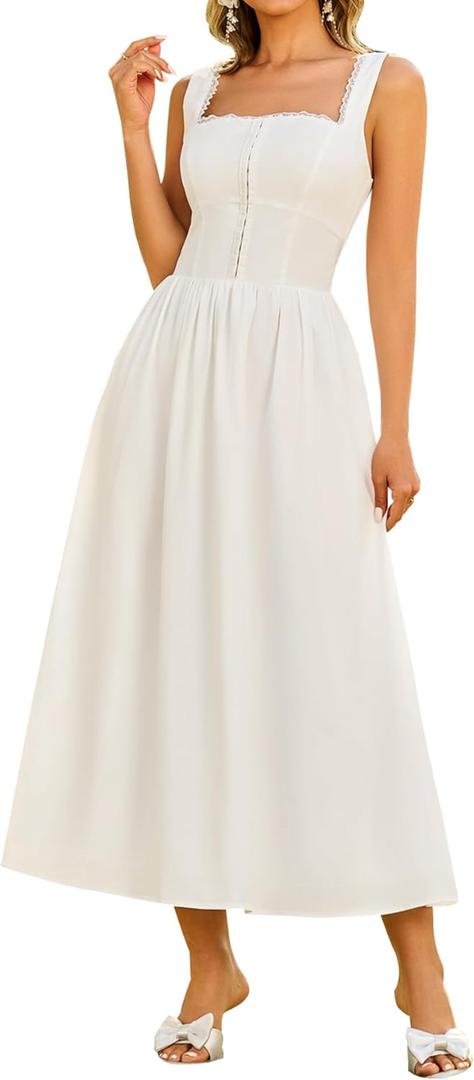 KUTUMAI Lace Square Neck Corset Midi Dress Summer Smocked Flowy A Line Casual Beach Sundress for Women 2025 Vacation (White, XS)
