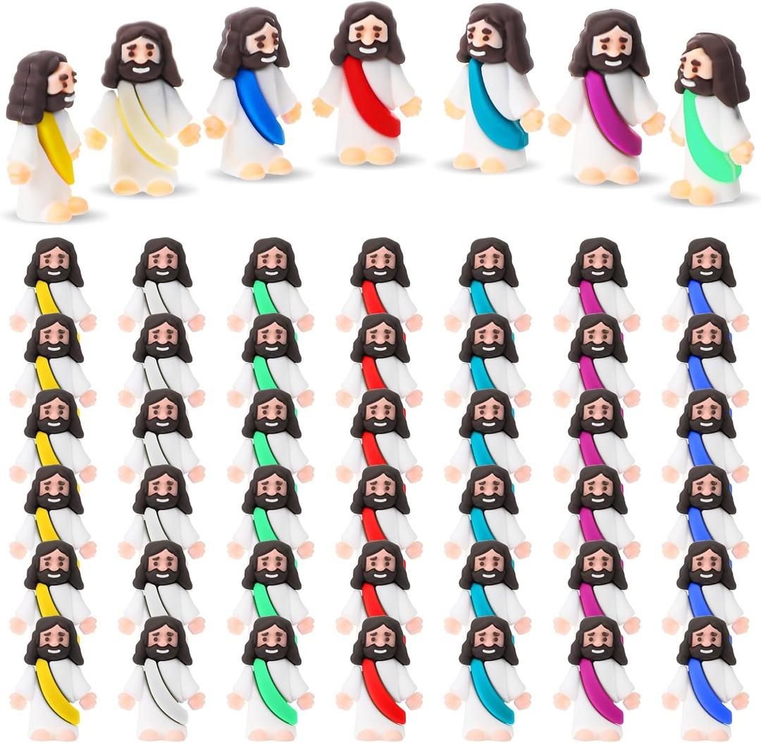 Sumind 50 Pcs Little Jesus Figures Easter Mini Pocket Jesus Figurines Bulk Original Design for Easter Egg Stuffers Hide Seek Religious Party Favors Sunday School Baptism Gifts (Bright Color)