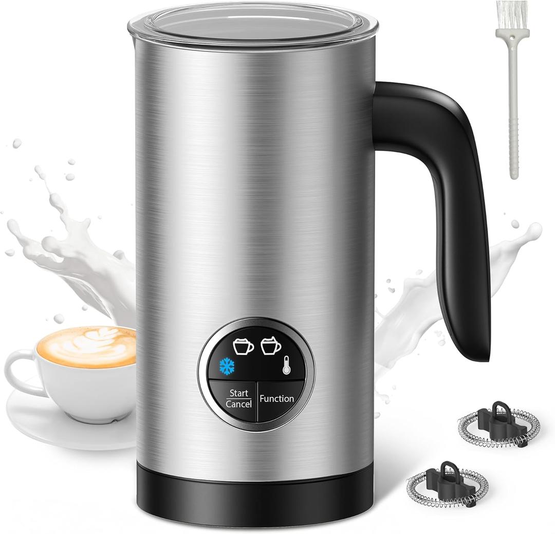 Milk Frother, Airyoyo 4-in-1 Milk Frother with Stand, Electric Milk Frother and Steamer Hot& Cold Foam Temperature Control, Auto Shut-Off Frother for Coffee Latte (Dark Silver)