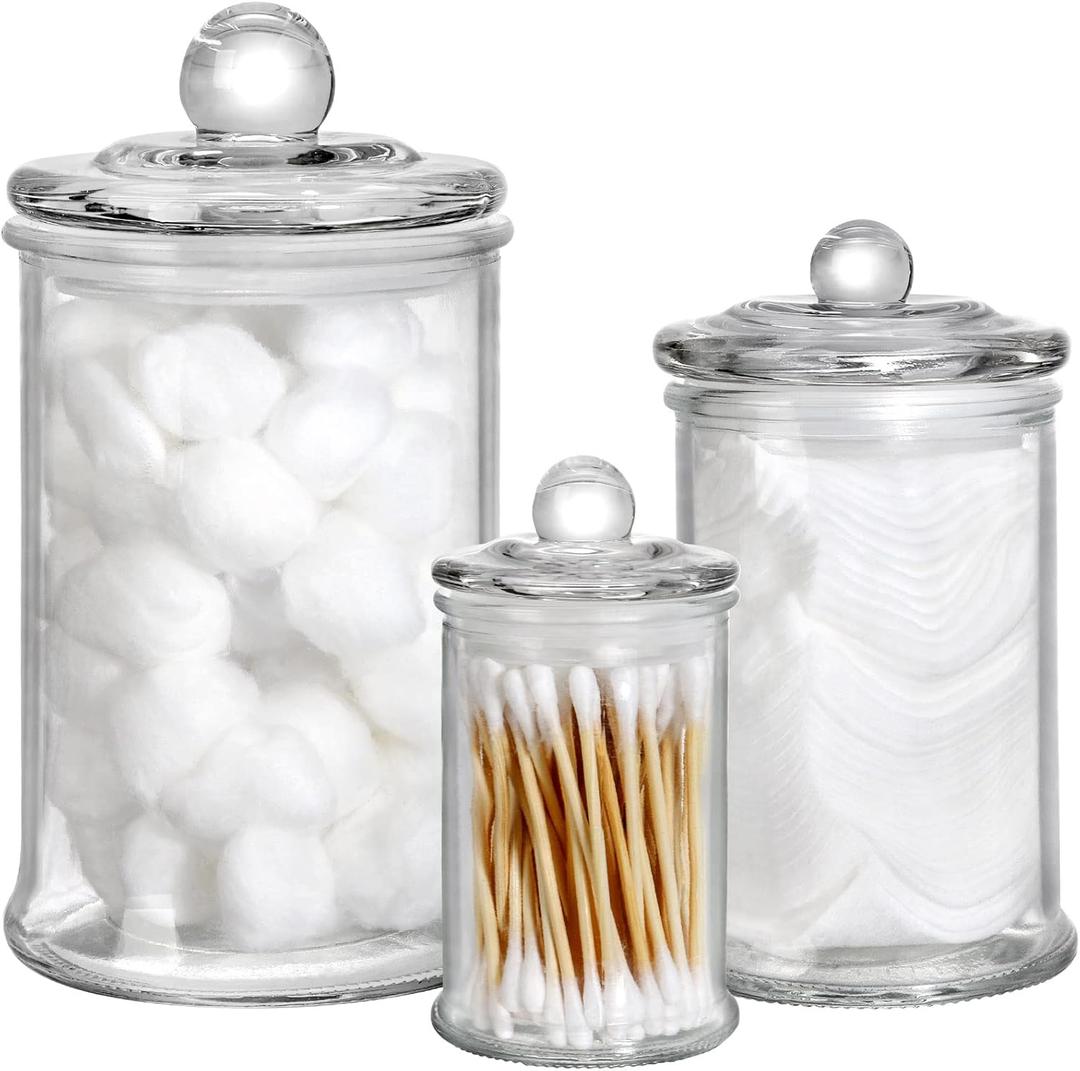 Suwimut Set of 3 Glass Apothecary Jars with Lids, Bathroom Canisters Storage Container Jars, Decorative Small Glass Apothecary Jar for Cotton Swabs, Cotton Balls, Makeup Sponges, Bath Salts