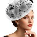 DRESHOW Fascinators Hat Flower Mesh Feathers Hat with a Headband and a Clip 7.9" Tea Party Headwear for Women