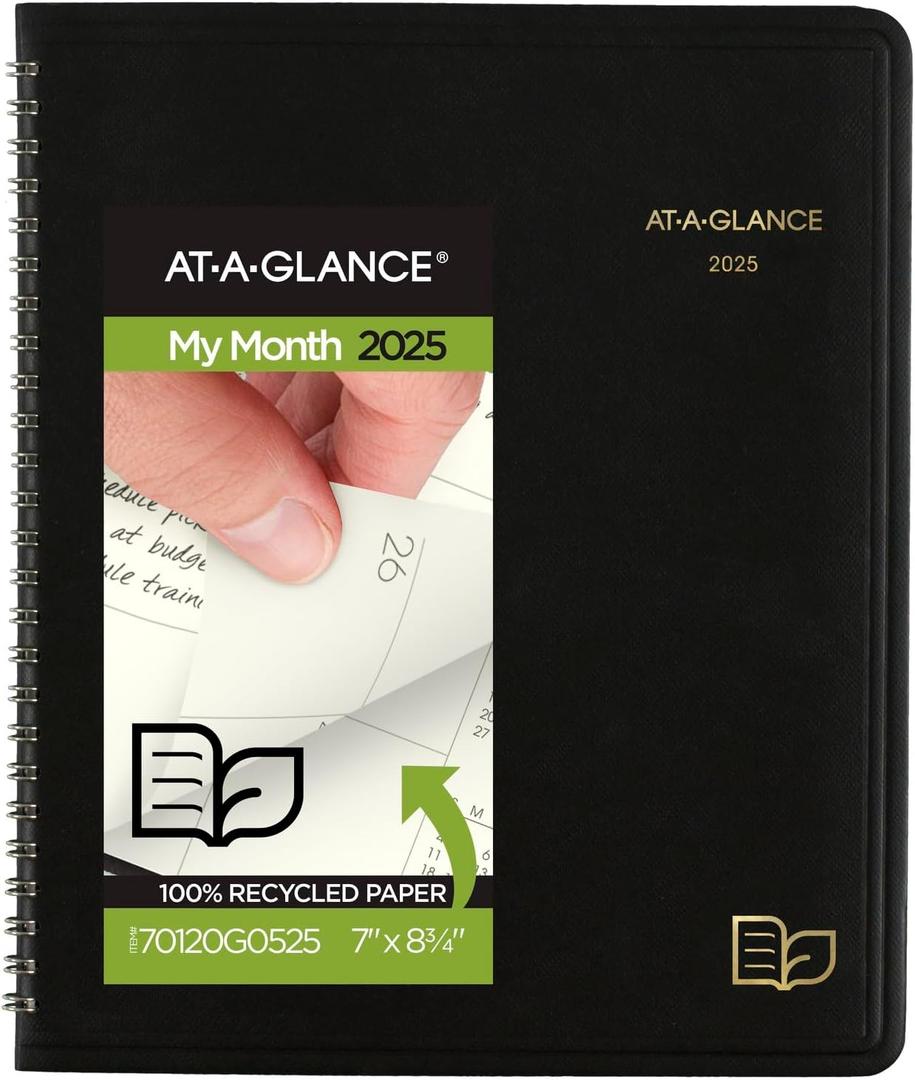AT-A-GLANCE 2025 Planner, Monthly, 7" x 8-3/4", Medium, Recycled, Black (70120G0525)