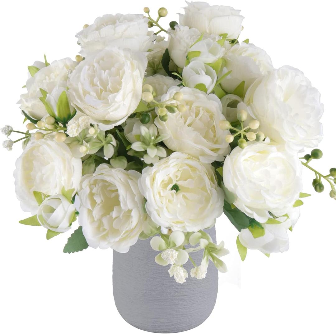 2 Bundles Artificial Peonies Silk Flowers, White Faux Peony Bouquet Florals Arrangements Decor for Farmhouse Home Boho Wedding Table Centerpiece, Fake Plastic Flowers Bulk Vase Decoration (White)