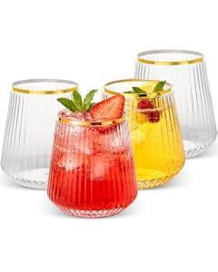 Goodluck 36 Pack 12oz Stemless Plastic Wine Glasses – Clear Ribbed Cups with Gold Rim, Fancy Reusable Disposable Drinkware for Weddings, Parties, Bars, Indoor and Outdoor Events