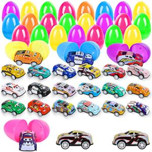 24PCS Prefilled Easter Eggs with Pullback Cars and Planes Toys, Colourful Plastic Easter Eggs with Toys for Easter Egg Hunt, Easter Basket Filler Gift for Kids Boys and Girls, Easter Party Favor