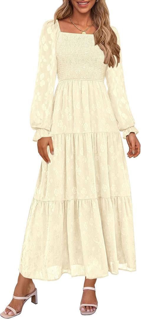 PRETTYGARDEN Wedding Guest Dresses for Women Floral Long Sleeve Smocked Tiered Elegant Long Flowy Boho Dress (Beige,X-Large) 
