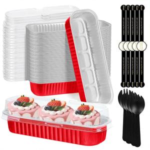 Mini Loaf Pans with Lids and Spoons- 50 Pack 6.8oz Aluminum Bread Cupcake Pie Foil Pans with Sealing Sticker,Rectangle Disposable Baking Cups Muffin Tins Containers for Picnics Party, Red