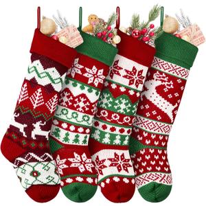 HiPeep 4Pcs Christmas Stockings, 18 Premium Large Knitted Christmas Stockings Reindeer Snowflake Stocking for Family, Holiday and Fireplace Party Decoration