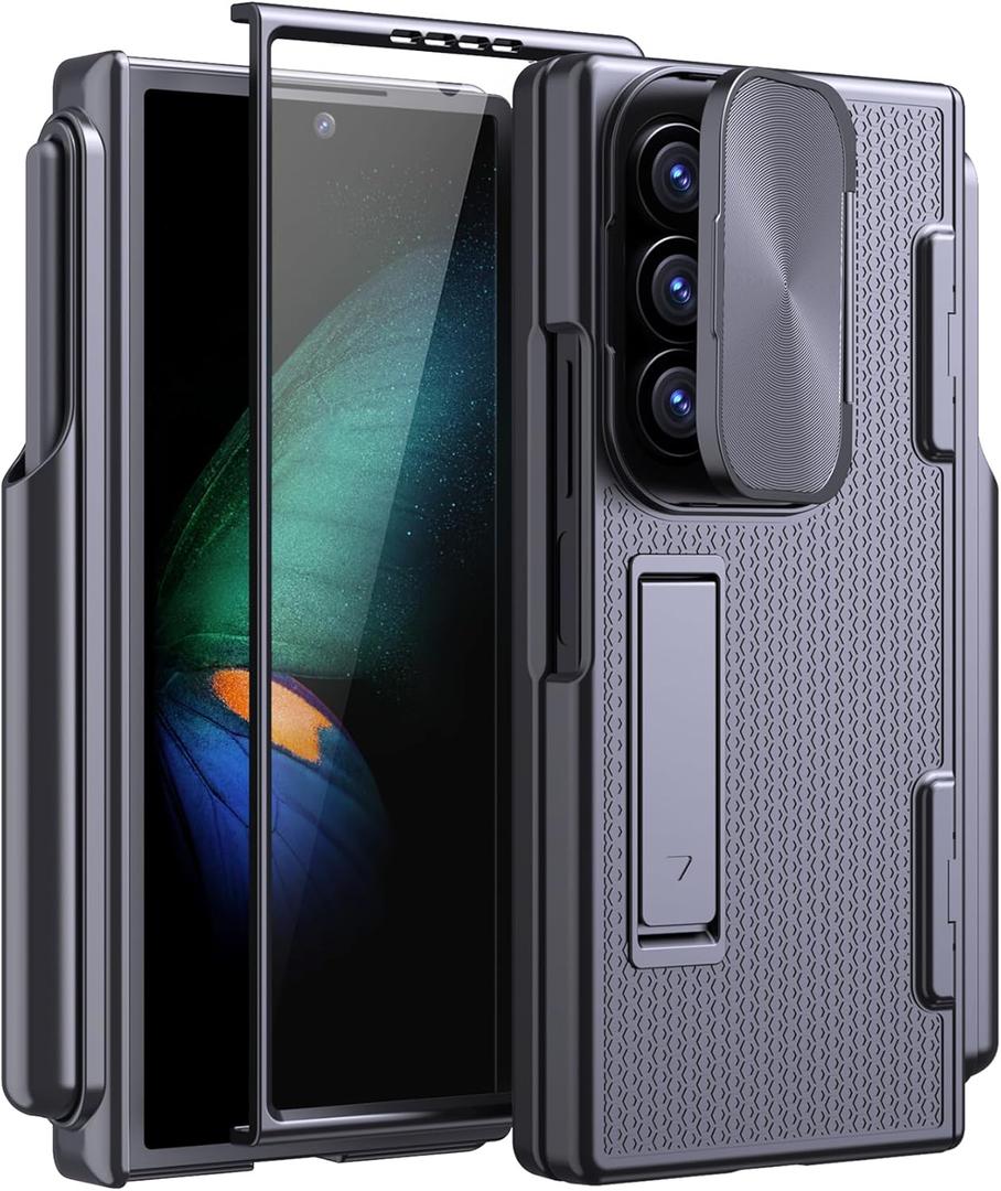 KJSK for Samsung Galaxy Z Fold 6 Case, with S Pen Holder, Built-in Hinge Protection & Screen Protector&Clamshell Camera Cover, Protective case for Z Fold 6(Flip-top Black)