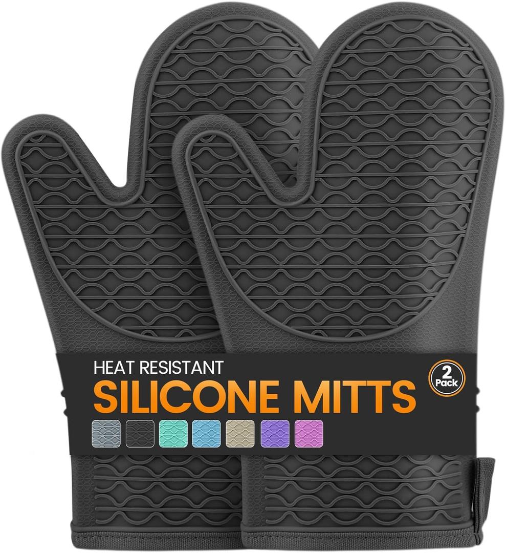 Silicone Oven Mitts, Heat Resistant 2PCS Oven Mitts with Soft Cotton Lining, Waterproof Non-Slip Grip Oven Glove, Kitchen Potholder Mits for BBQ, Baking, Cooking, 12.5 Inch - Black
