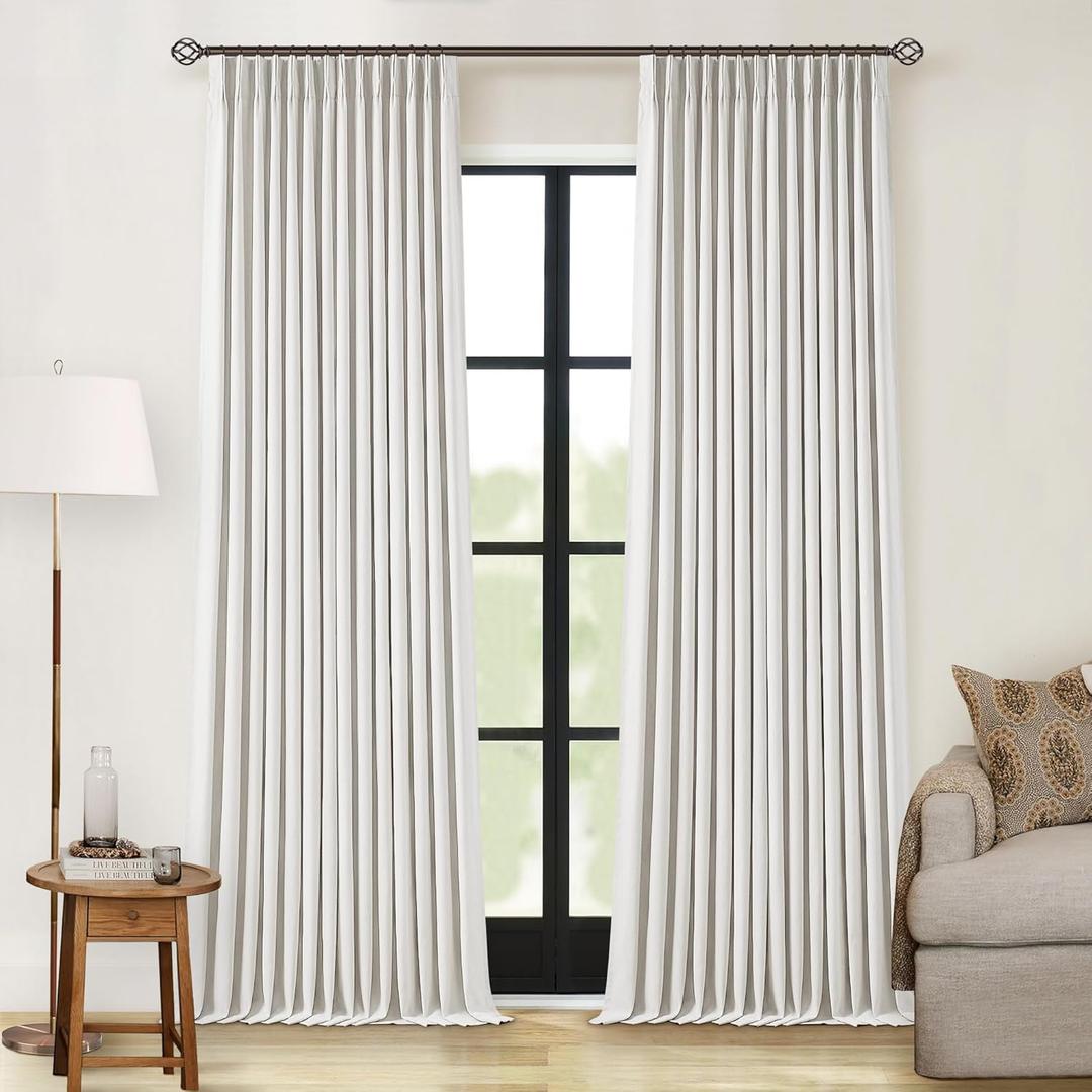 Off White Pinch Pleated 100% Blackout Curtains 102 Inches Long Linen Blend Window Curtains 102 Inch for Bedroom Living Room Darkening Thermal Insulated Back Tab Pinch Pleat Dual Layer Drapes Ivory