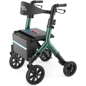 WALK MATE Rollator Walker for Seniors 5.3~7ft Tall, Height-Adjustable Seat, Built-in Cable, 10 Inch Wheels, 16.5 lb Lightweight & Compact Folding Design, 300 lb Capacity, Green