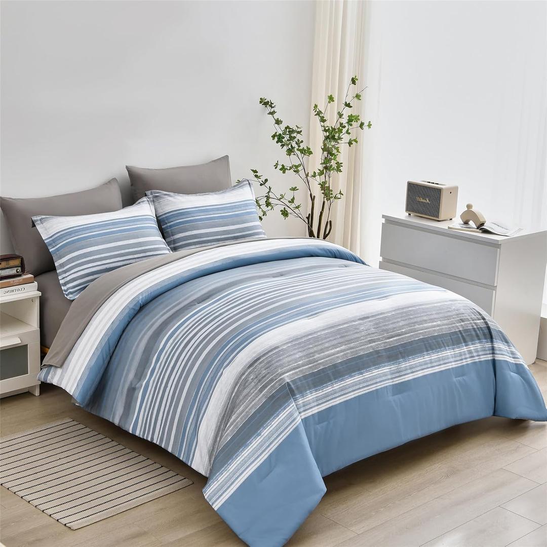 KAKIJUMN 7 Piece Bed in a Bag Stripe Comforter Set King Size, White Grey Blue Patchwork Striped Comforter and Sheet Set, All Season Soft Microfiber Complete Bedding Set(Light Blue,King)