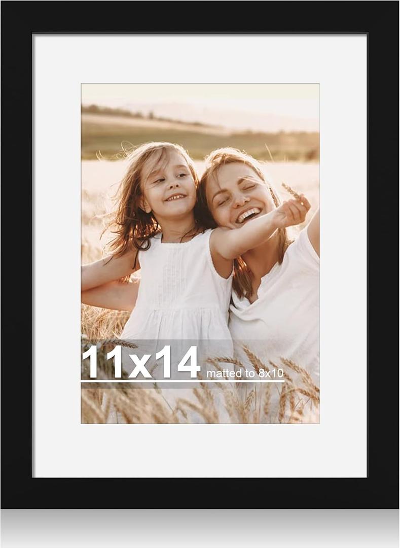 Hongkee 11x14 Picture Frame with Real Glass - 8x10 Wooden Frame with Mat, Horizontal and Vertical Display for Wall or Tabletop (Black, 1 Pack)