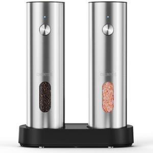 Electric Salt and Pepper Grinder Set with Rechargeable Base - Upgraded Large Capacity, Refillable Pepper Mill Set with LED Light & Adjustable Coarseness, Ideal for Kitchen, Outdoor, BBQ & Gift Giving (Stainless Steel)