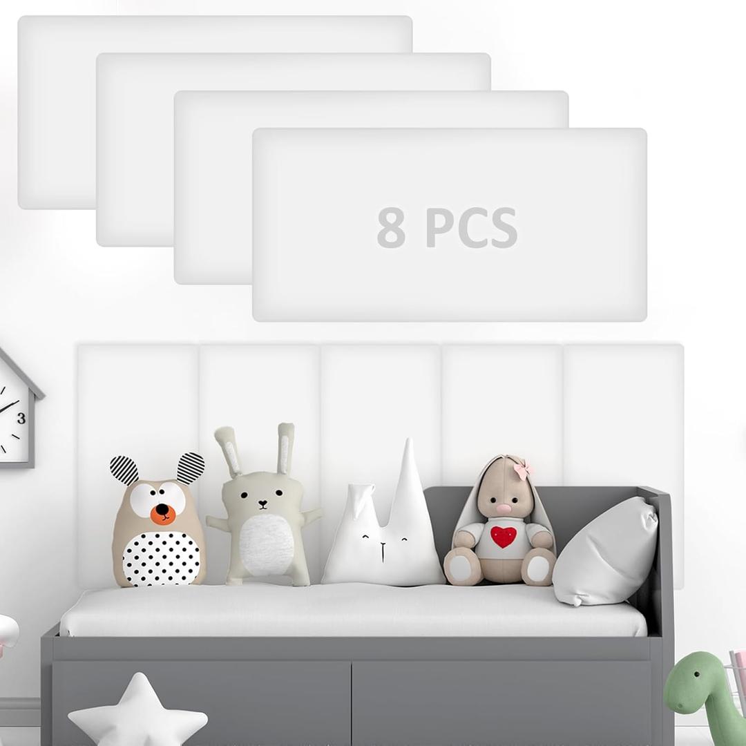 8 Pack Wall Padding for Playroom Peel and Stick Headboard 15.75" x 7.87" x 1.18" 3D Anti Collision Upholstered Wall Panels Self Adhesive Headboard Panel for Protection (White)