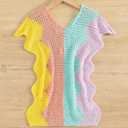 WDIRARA Girl's Crochet Cover Up Color Block Short Sleeve V Neck Beach Swimsuit Coverups Rainbow Multicolor 11-12Y