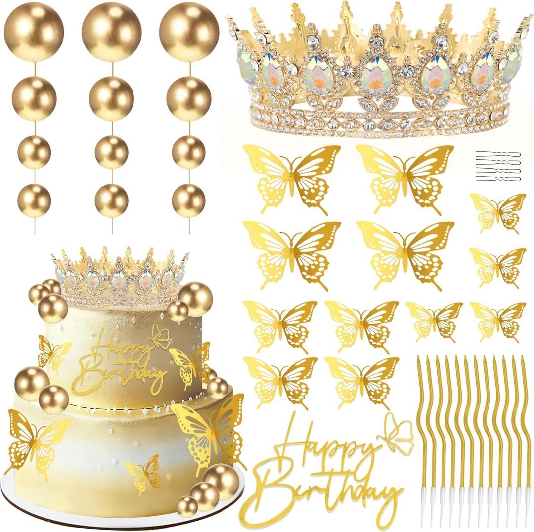 ZOYVUX Birthday Crown Cake Topper, Cake Decorations with Happy Birthday Cake Topper, Balls, Gold Butterflies, Corona Para Pastel for Women, Princess, Wedding Party Decor (Gold & AB)