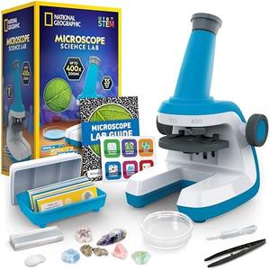 National Geographic Microscope for Kids - Science Kit with an Easy-to-Use Kids Microscope, Up to 400x Zoom, Blank and Prepared Slides, Gifts for 6 7 8 9 & 10, STEM Project Toy