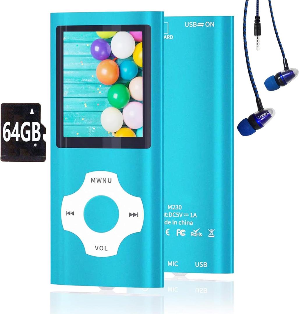 64GB MP3 Player, Hotechs MP3 Music Player with Slim Classic Digital LCD 1.82'' Screen Mini USB Port with FM Radio, Voice Record (Blue)