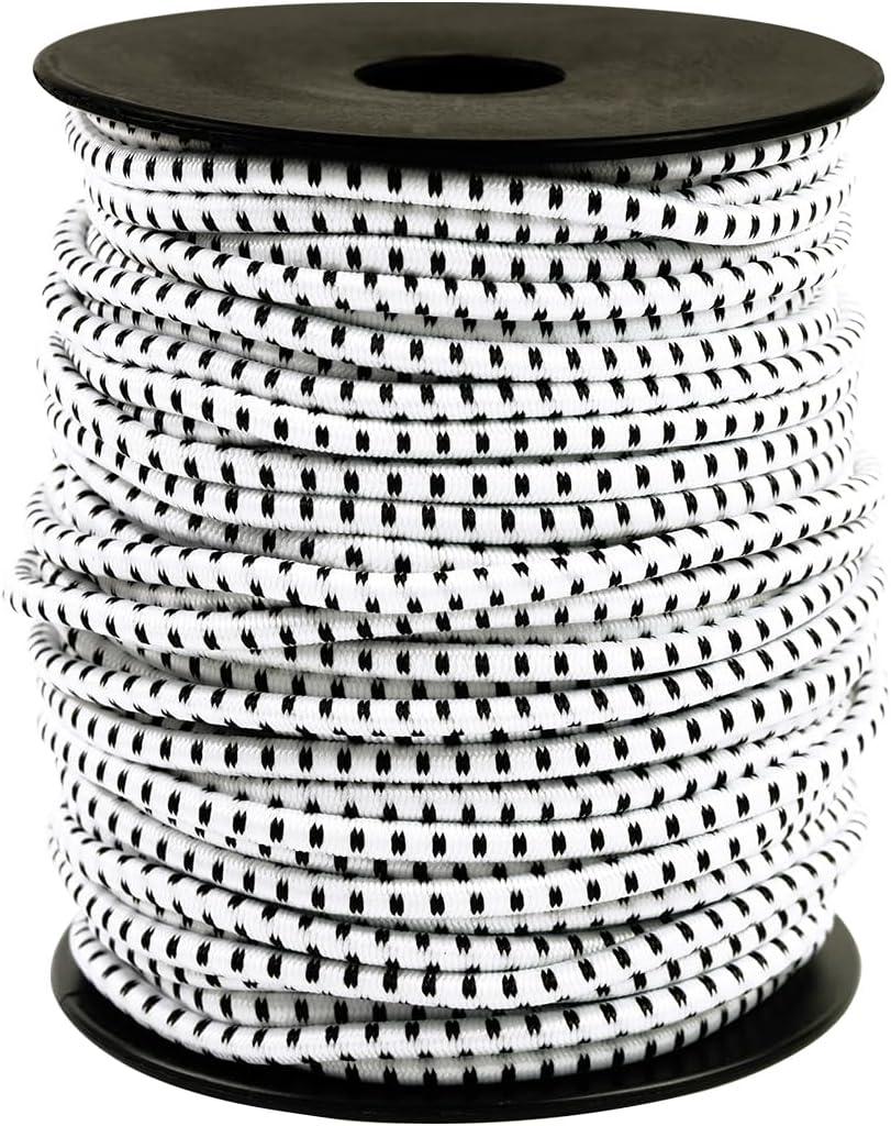 Bungee Cord Roll 1/8 Inch x 100 Feet, White Black Heavy Duty Elastic Shock Cord Nylon Stretch String Kayak Bungee Rope for Luggage, Camping, Kayak, Tent Pole, Tie Downs (1/8" x 100ft)