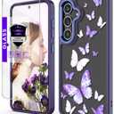 for Galaxy S24 5G Case with Tempered Glass Screen Protector,Samsung S24 5G [Military Grade Protective] Slim Soft TPU & Hard PC,Girls Women Crystal Clear Flower Pattern Cases-Purple Butterfly