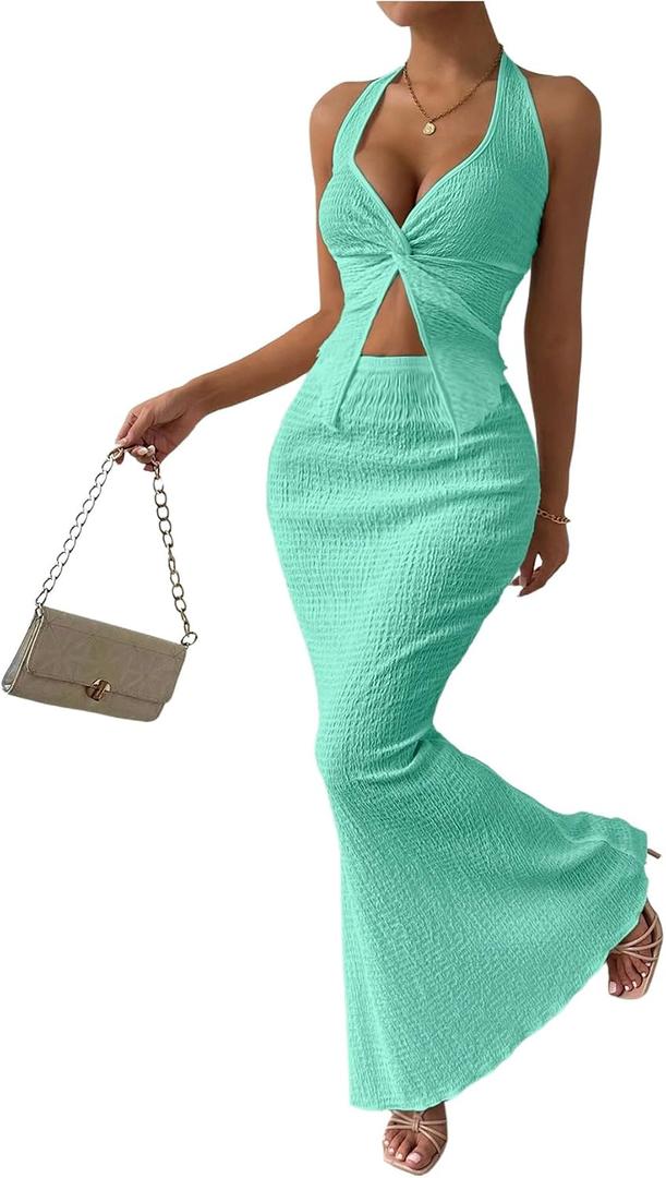 SOLY HUX Women's Two Piece Outfits Twist Front Halter Cami Tops and Skirt Summer Set (Green, XL)