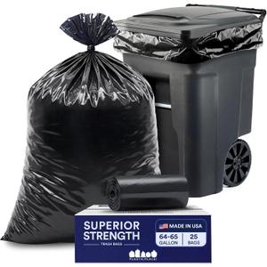 Plasticplace 64-65 Gallon Black Trash Bags, Heavy Duty Toter Can Liners, Tear & Leak-Proof, Industrial Strength, 25 Count, Large Garbage Bags for Kitchen & Commercial Use 1.2 Mil, 50" x 60"