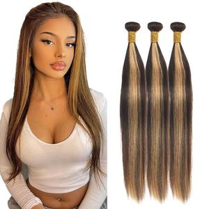 P4/27 Blonde Bundles Human Hair Straight Bundles 12 14 16 Inch Unprocessed Brazilian Virgin Hair Highlight Brown Straight 3 Bundle Human Hair Extensions 50 Gram Per Bundle