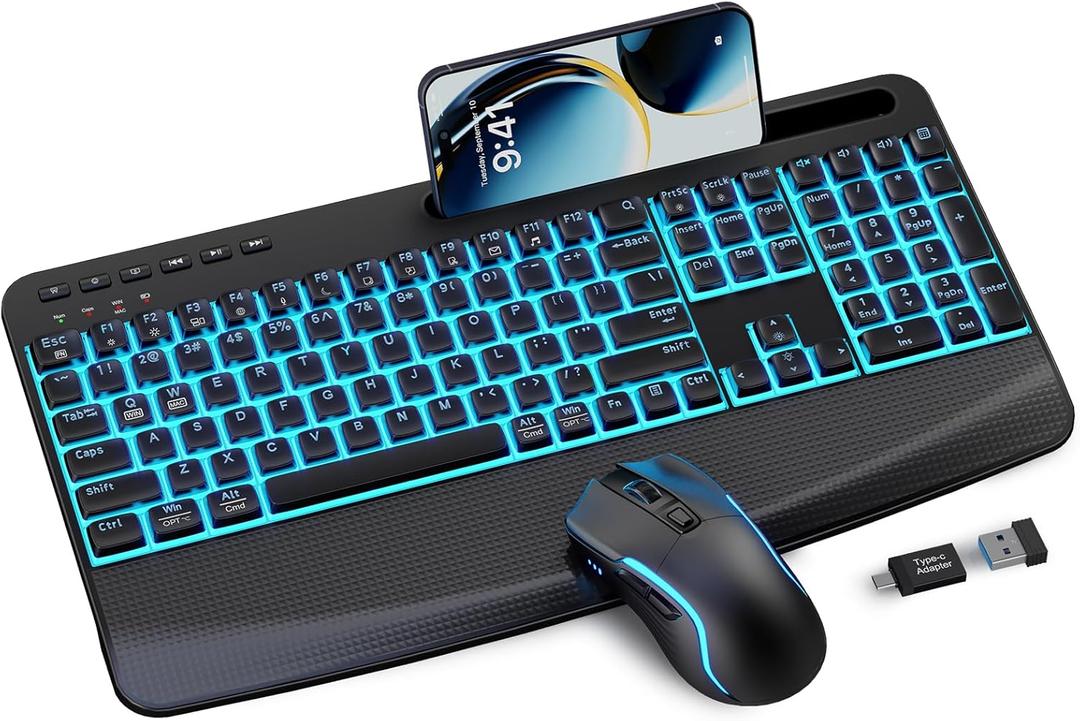 Wireless Keyboard and Mouse Combo,SABLUTE KM25Pro Rechargeable Backlit Ergonomic Keyboard with 4000mAh Battery, Wrist Rest and Phone Holder, Quiet for PC/Mac/Laptop/Windows/Chrome OS (Black)