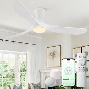 52 inch Smart White Ceiling Fans with Lights, Outdoor Flush Mount Low Profile Ceiling Fan with WIFI Alexa and App Remote Control, Quiet DC Motor, 3 Blades Wood Modern ceiling fan for Bedroom Patio