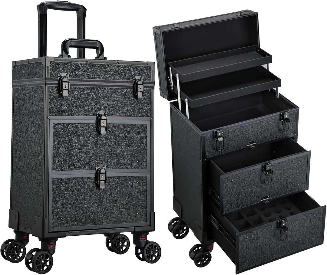 Rolling Makeup Train Case with 2 Large Drawers Cosmetology Case on Wheels Nail Carts Organizer Case Make Up Artist Tattoo Travel Case with Wheels Salon Trolley Black