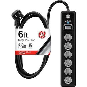 GE Surge Protector Power Strip, 6 Ft Extension Cord, 6 Outlet Extender, 800 Joules, Flat Plug, Twist-to-Close Safety Covers, ETL Listed, Black, 33661
