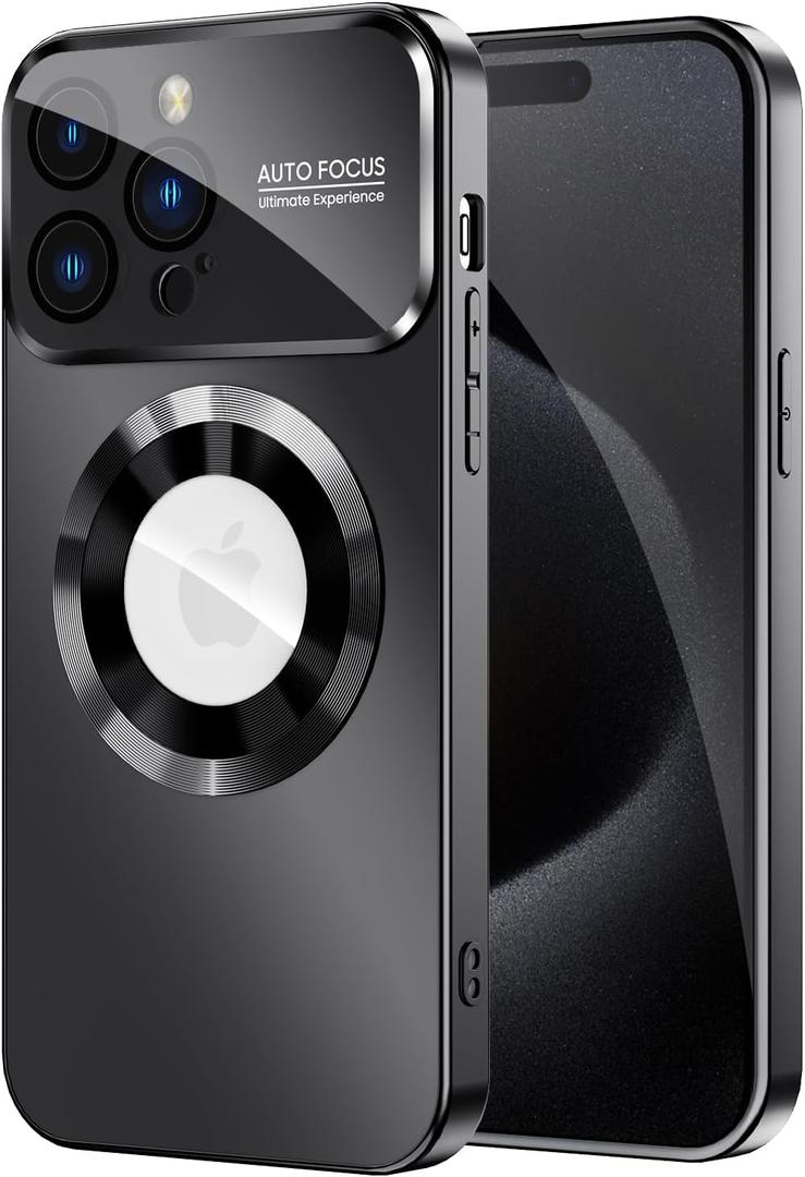 MAKAVO Magnetic for iPhone 15 Pro Max Case, Compatible with MagSafe, Built-in Camera Lens Protector, Logo View, Military Grade Drop Proof Phone Cover, Black