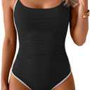 Eomenie One Piece Swimsuit for Women Tummy Control Ruched Bathing Suit Spaghetti Straps Color Block Slimming Swim Suits (Large, Black and White)