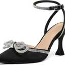 mysoft Women's Rhinestone Bow Pumps Wedding Dress Shoes Pointed Toe Ankle Strap Kitten Heels (8.5)