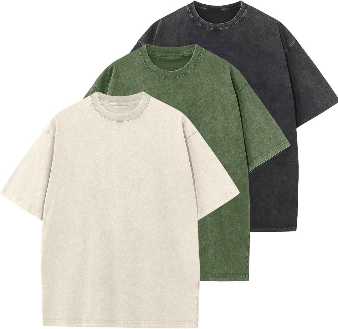 Men's Cotton T-Shirts Oversized Unisex Short Sleeves Casual Loose Wash Solid Basic Tee Tops (XX-Large, Beige+armygreen+black)