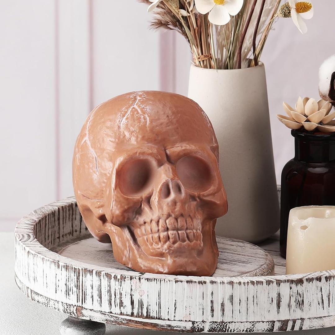 Halloween Terracotta Color Plastic Skull 5.9 Inch Life Size Human Skeleton Head Model for Halloween Indoor Outdoor Decor Party Centerpiece