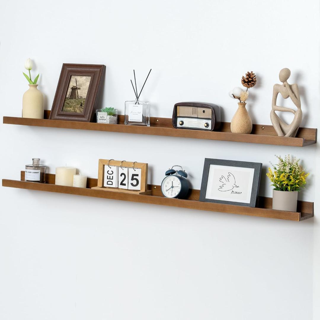  Picture Ledge Wall Shelves 48 inch Width Set of 2, Solid Pine Wood Rustic Floating Ledge Shelves for Wall for Kids' Room Bedroom Kitchen Bathroom Living Room Nursery Display Wall Decor, Walnut