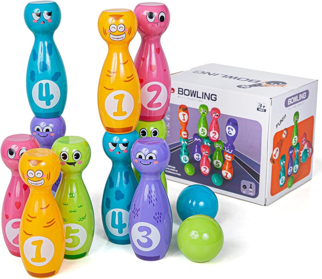 Bowling Set for Kids 2-5, Includes 10 Plastic Pins & 2 Balls, Indoor Activity Games, Birthday Gifts for Boys Girls 5-7,(Color Gift Box Packaging)