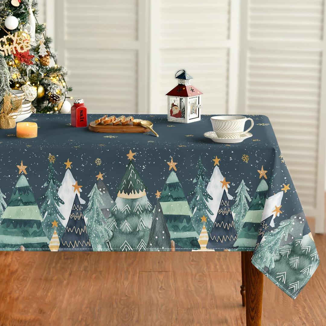 Horaldaily Christmas Tablecloth 60104 Inch Rectangular, Snow Trees Green Washable Table Cover for Party Picnic Dinner Decor
