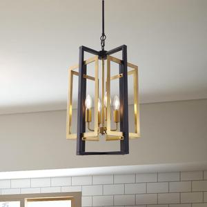 TOCHIC Black-Gold Metal Farmhouse Chandelier, 4 Light Geometric Cage Chandelier Candle Pandent Light for Hallway Entryway Living Room Kitchen Island Foyer Bar