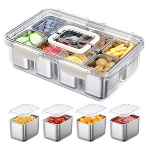 Snackle Box Container, 304 Stainless Steel Divided Serving Tray with Lid and Handle, Portable 8 Compartments Veggie Tray for Fruits,Veggies,Nuts &Candy, Dishwasher Safe for Travel,Picnic,Beach&Parties