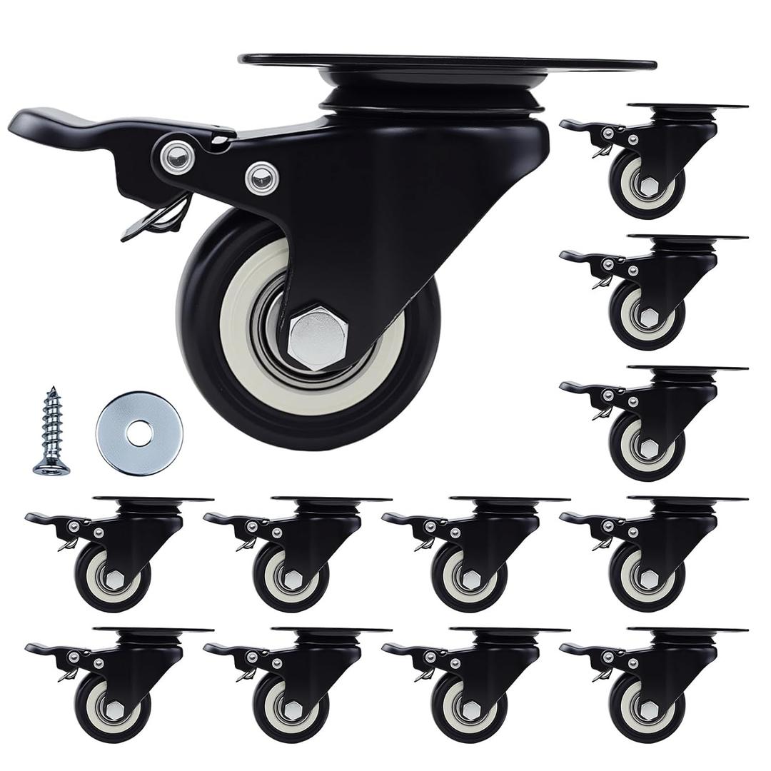 2 Inch Caster Wheels Set of 12, Heavy Duty Casters,with Brake,No Noise Locking Polyurethane (PU) Wheels, for Furniture and Workbench Load 800lbs