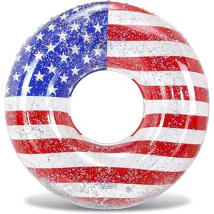 POZA Inflatable USA Pool Float - Luxurious Fun Lounger Filled with Sparkle Silver Stars Confetti, Cool USA Flag Design Water Swimming Pool Floaties for Beach, Lake & Pool (USA Giant 48")