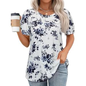 Womens Summer Short Sleeve Tops Pleated Shirts Crewneck Outfit Puff Sleeve Blouses Casual Tunic Blue Flower (Small, Forest Green)
