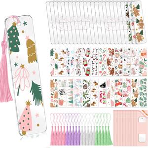 Kaciola 24PCS Acrylic Bookmark Blanks with 24PCS Christmas Theme UV DTF Stickers and 4 Colors Tassels,Blank Bookmarks UV DTF Transfers Stickers for DIY Crafts Hanging Tag Gift Bookmarks DIY