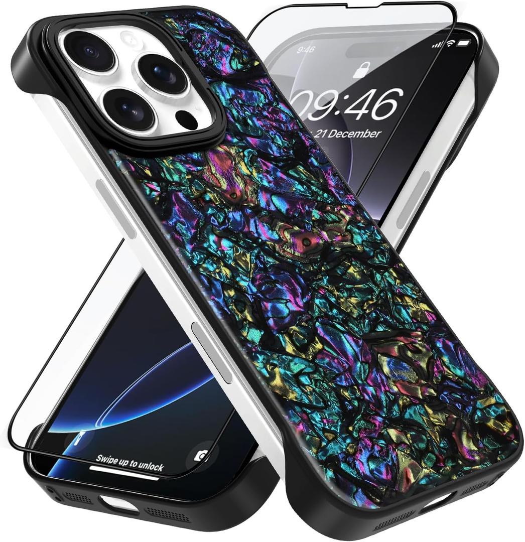 AIGOMARA Slim Frameless for iPhone 16 Pro Case with Screen Protector, Luxury Opalescent Pearl Minimalist Borderless Phone Case for Women Girls, Ultra-Thin Hard Shockproof Case Cover, Abalone