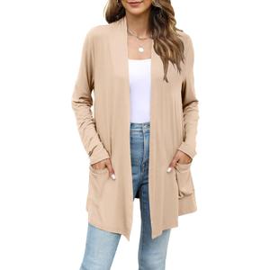 Yekaty Womens Lightweight Cardigans Open Front Long Sleeve Drape Kimono Cardigan Sweaters with Pockets (Beige, XXL)