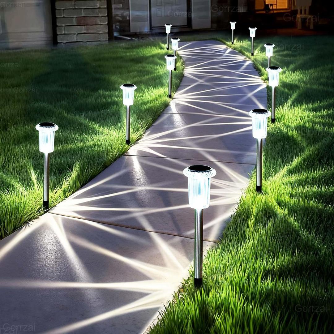 Gorrzai Solar Pathway Lights 10 Pack Christmas Solar Lights Outdoor Waterproof 6000K Cold White Yard Lighting, LED Stainless Steel Stake for Garden Outside Landscape Lawn Driveway Walkway Path